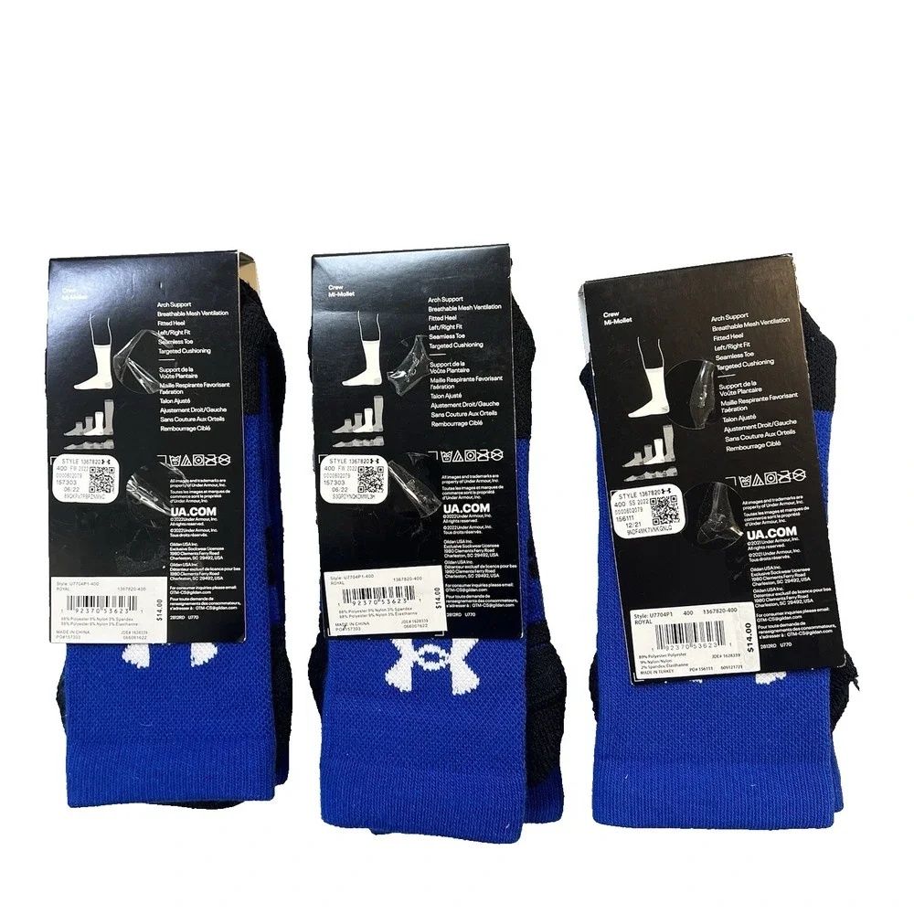 3 Pair Under Armour UA Team Athletic Crew Socks Royal Blue Men's Size 7-8.5  NEW